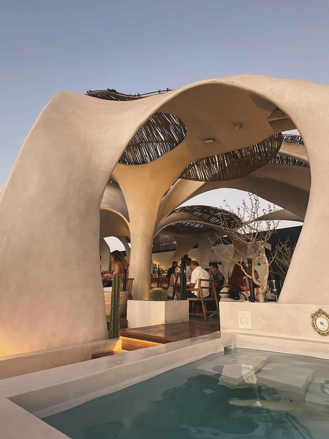 Sculptural coastal architecture beside a pool